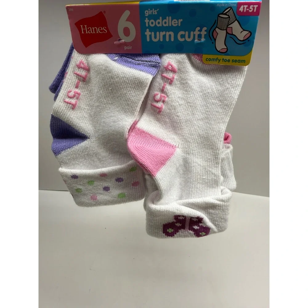 Hanes Girls Toddler Turn Cuff Socks 6 Pair Pack White Pink Purple 4T-5T NEW